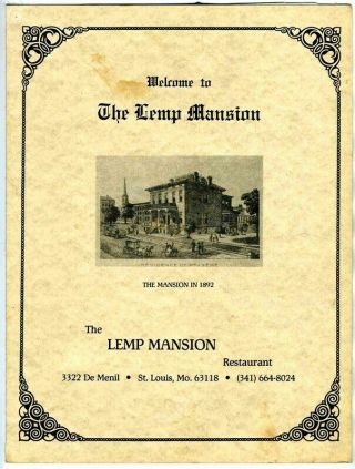 The Lemp Mansion Restaurant Menu & Brochure St Louis Missouri 1990 