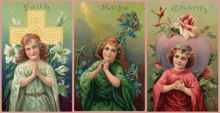 Vintage Young Girls Faith Hope Charity Set Of 3 Postcards -