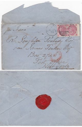 1872 Qv Gb Cover With A Pair 3d Red Rose Stamps Pl 7 Sent To Usa Cat £130