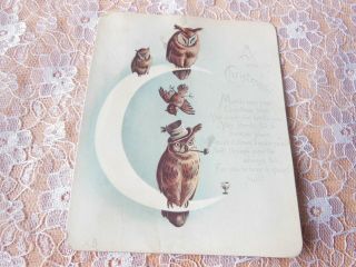 Victorian Christmas Card/owls Sitting On A Crescent Shaped Moon