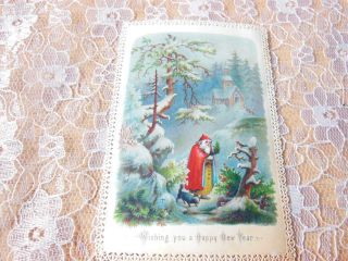 Victorian Year Card/father Christmas Walking In Snowy Landscape/goodall