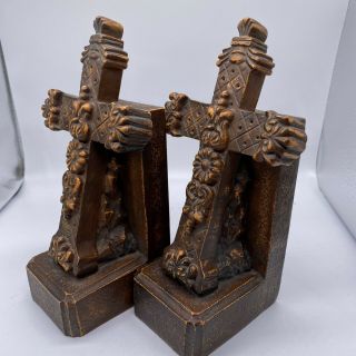 Cross Bookends Heavy Vintage Religious Rustic Ornate Library Shelf Decor