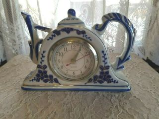 Gorgeous Vintage Ceramic Blue & White Gold Accent Floral Teapot Clock
