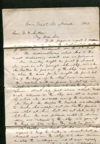 1863 Due West Sc Letter Death Details Of Frederick Son Of Judge W H Sutton 4pgs