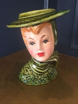 Vintage Lady Head Vase: 4556 1950s - 5 3/4 Inches - Green Hat & Scarf -