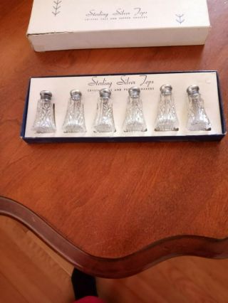Vintage Miniature Salt And Pepper Glass Shakers (6) Sterling Tops W/box
