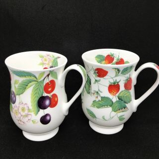 Set Of 2 Roy Kirkham Strawberry Cherry Fruit Fine Bone China Coffee Tea Cup Mug