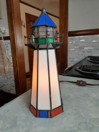 Tiffany Style Stained Glass Nautical Lighthouse Lamp / Night Lite 9 3/4 " Tall.