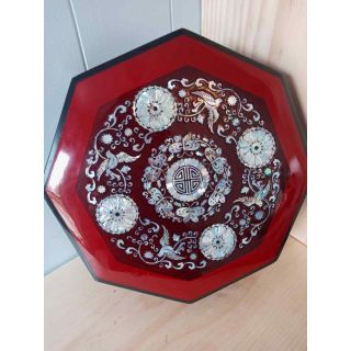 Vintage Octagon Mother Of Pearl Inlay Trinket Jewelry Box Red Lacquer