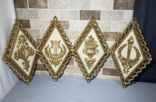 4 Vintage Mcm Homco Syroco Gold Diamond Shape Wall Decor Plaques Made In Usa