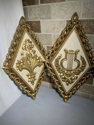 4 Vintage MCM Homco Syroco Gold Diamond Shape Wall Decor Plaques Made in USA 2