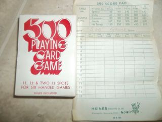 Vintage 500 Playing Card Game,  Rules,  Scoresheet 11,  12 & Two 13 Spots For 6