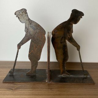 Golf Book Ends Iron Cutout Silhouettes Handmade Vintage Rustic Set Of 2 Heavy