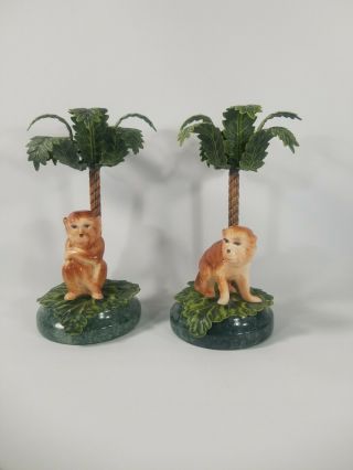 Vintage Petite Choses Cast Metal Marble Monkey & Palm Tree Candle Holders