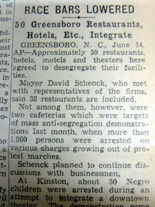 1963 Newspaper Greensboro North Carolina Sit - Ins & Lunch Counter Desegregation