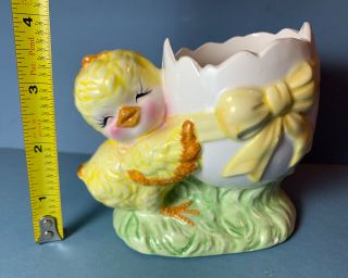 Vintage Japan Inarco 4” Ceramic Easter Yellow Chick Bow Tied Egg Planter