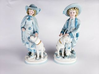 Vtg Andrea Sadek Pair Porcelain Figurines Boy And Girl With Dogs 7191 In Blue