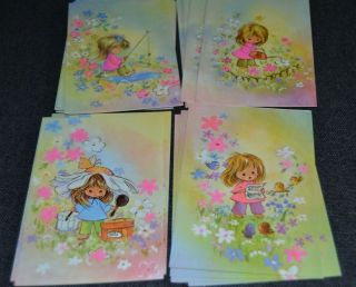 Vtg Reproducta Hippie Girl Fishing Watering Can Hatbox Sing 16 Note Cards Boxed