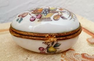 Vtg.  Limoges France Porcelain Hinged Egg Shaped Trinket Box Bird & Fruit Basket