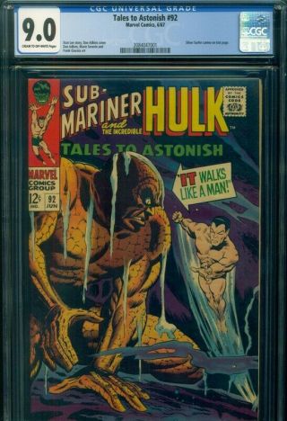 Tales To Astonish 92 Cgc 9.  0 Vf/nm Marvel Comic Sub - Mariner Hulk Silver Surfer