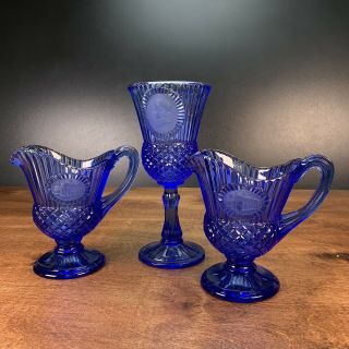 3 Pc Avon Fostoria Blue Glass George Martha Washington Goblets Mt Vernon Pitcher