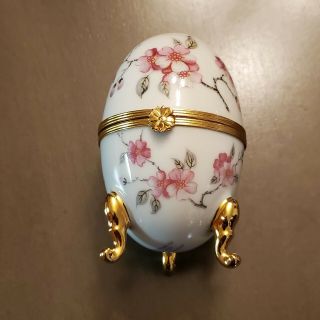 Vintage 4 " Bernardaud Limoges Egg Shaped Floral White Gold Footed Trinket Box