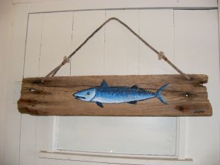 Mackerel Art Signed Painting On Maine Driftwood Board W/ Weathered Rope