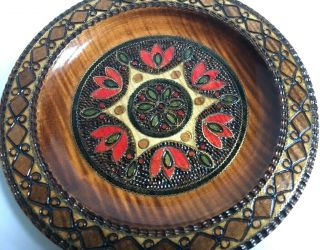 Krakow Poland Folk Art Decorative Carved Wood Plate Metal Inlay Pyrography