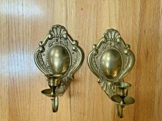 Vintage Pair Brass Candle Holder Wall Sconce Ornate Art Deco 8.  5 "