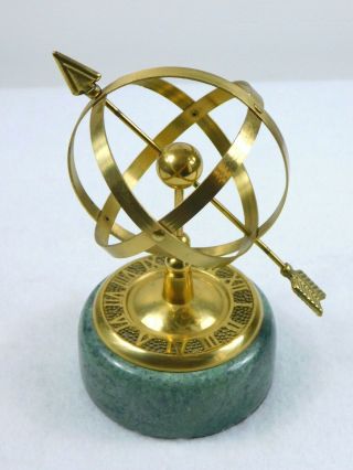 Vintage 7 " Brass Armillary Sphere Sundial Green Marble Base Nautical Globe Desk