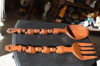 Vintage 27.  5 " Wood Spoon And Fork Kitchen Bar Wall Decor Carving