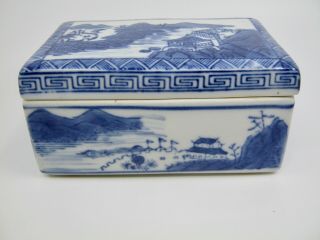 Oriental Trinket Box W/ Lid Blue White Asian Landscape Water Mountains Buildings