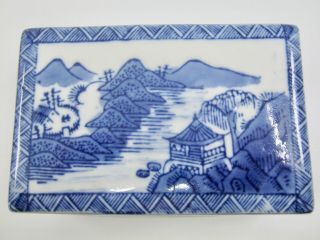Oriental Trinket Box w/ Lid Blue White Asian Landscape Water Mountains Buildings 2