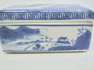 Oriental Trinket Box w/ Lid Blue White Asian Landscape Water Mountains Buildings 3