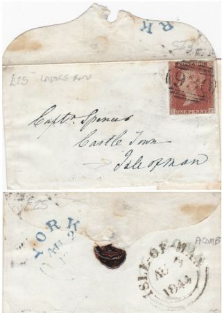 1844 Qv Acomb Udc On Cover With A 1d Red Stamp To Captain Spencer At Isle Of Man