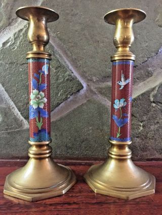 Set Of 2 Chinese Cloisonne Red Blue Enamel On Solid Brass Candle Stick Holders