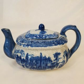 Large Antique Victoria Ware Ironstone Teapot Flow Blue & White