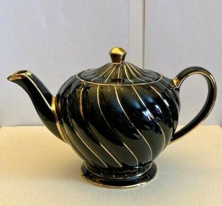 1940s Sadler Black And Gold Swirl Hand Decorated Teapot With Lid 1493 On Base.