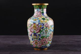 Stunning Floral Design Cloisonne Enamel Chinese Brass 5  Vase 1950 