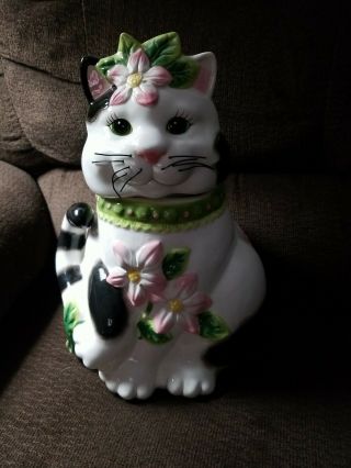 Fitz And Floyd Cat Cookie Jar.  Black And White With Flowers And Whiskers.