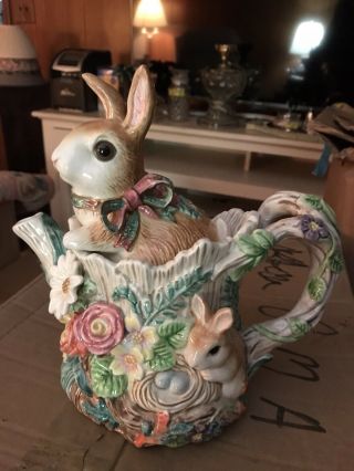 Fitz And Floyd Woodland Spring Teapot With Bunny Rabbits 9” X 9”