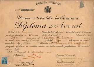 Romania,  1939,  Romanian Bar Union - Lawyer Diploma,  Kingdom - Fiscal Stamps
