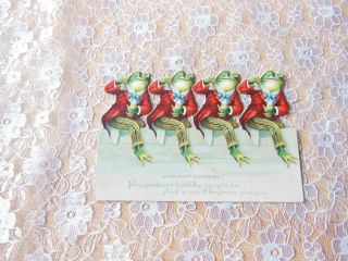 Victorian Christmas Card/cut - Out Anthropomorphic Frogs Sitting On Fence