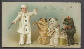 C723 Victorian Folding Xmas Card: Clown Conducting Dog Band