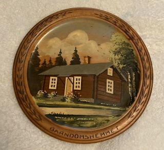 Vintage Hand Painted Wood Plate Barndomshemmet Made In Sweden Decor Wall Signed