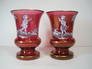 Vtg Western Germany Set Of 2 Cranberry Glass Vases Mary Gregory