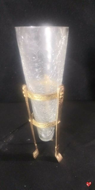Vintage Hollywood Regency Gold Ormolu Filigree Metal & Crystal Flower Bud Vase