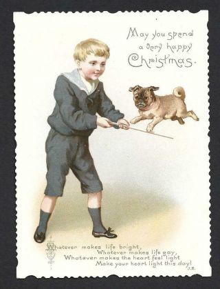 M23 - Boy Teaching Pug Dog Tricks - Victorian Xmas Card