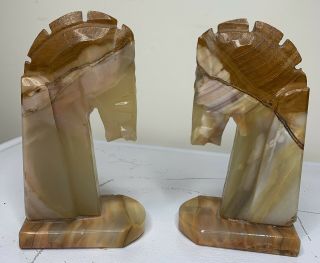 Vintage Trojan Horse Head Bookends Carved Onyx Rock Marble Stone Book Ends Pair