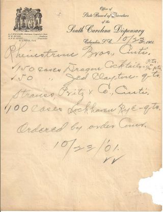1901 South Carolina Dispensary Illustrated Letterhead